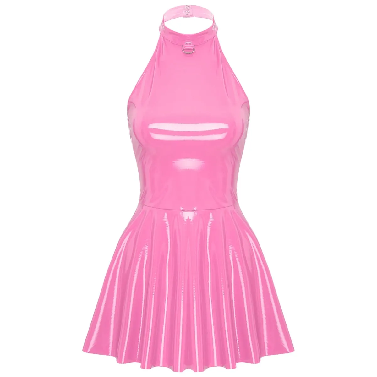Glossy Patent Leather Glossy Mini A-Line Latex Dress for Womens Swing Skirt Skater Bodycon Mini Dress Rave Disco Party Clubwear