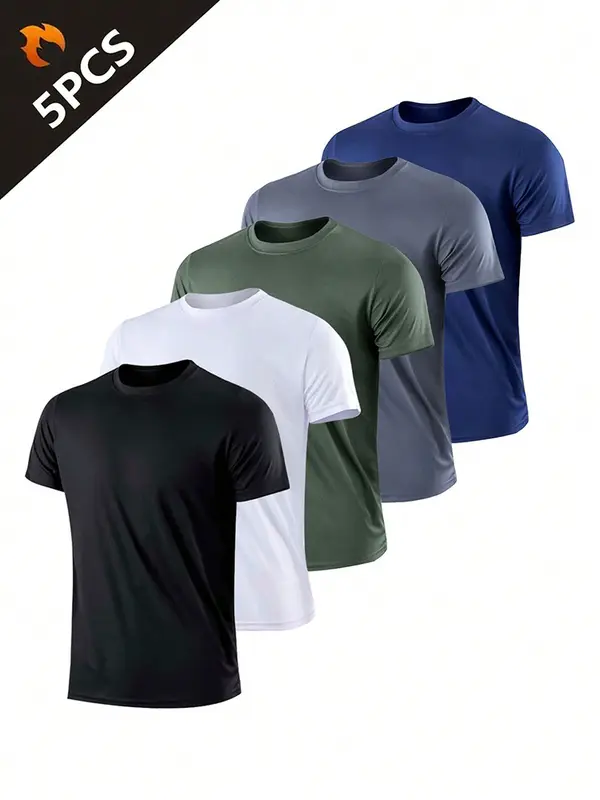 5PCS Men's Solid Color Ultralight Quick Dry Sport T-Shirt Breathable Lightweight Top For Fitness Training Workout Running Gym — image 2