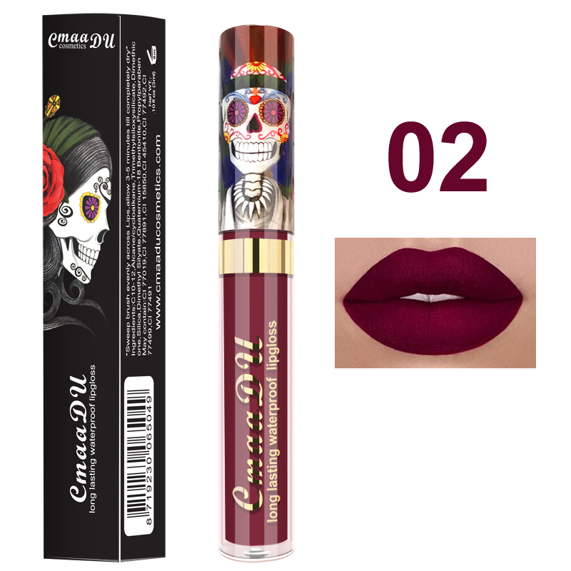 1pcs Matte Lip Gloss - Long-Lasting Waterproof Non-Fading for All Skin Types - Vibrant Red Shades with Floral & Skull Designs — image 9