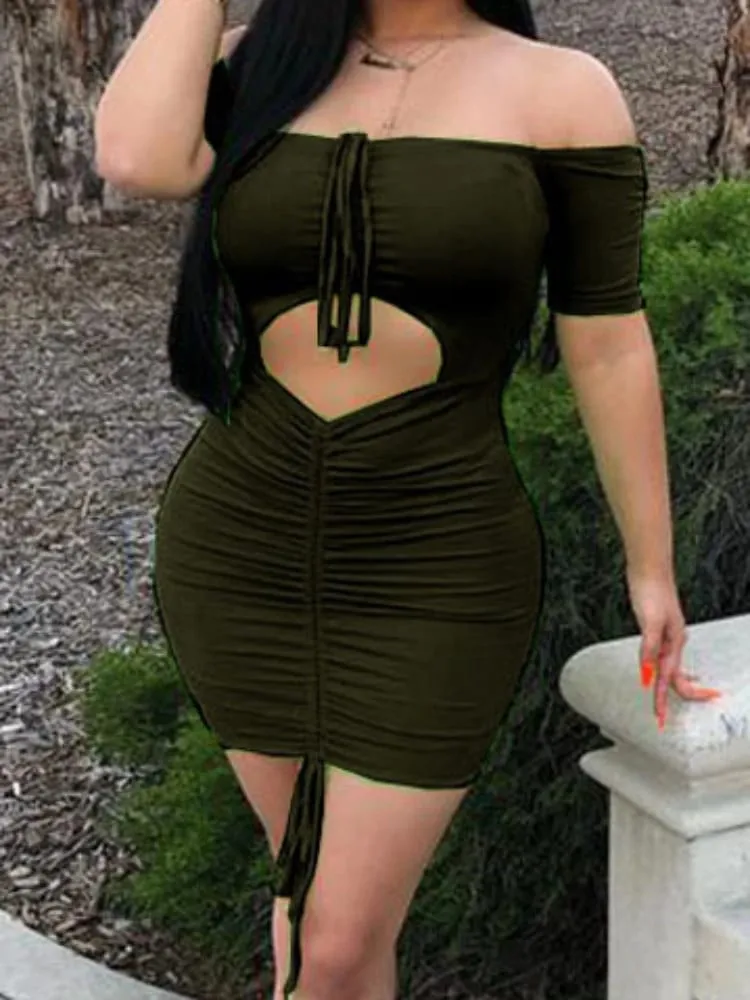 Sexy Off Shoulder Front Hollow Out Drawstring Elastic Slim Bodycon Dress Women Skinny Mini Dress Evening Club Party Vestidos