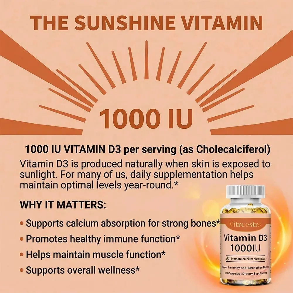 Vitamin D3 1000iu untuk Sokongan Imun Fungsi Otot yang Sihat dan Kesihatan Tulang - 120 Kapsul Sayuran Bebas Gluten Bukan GMO