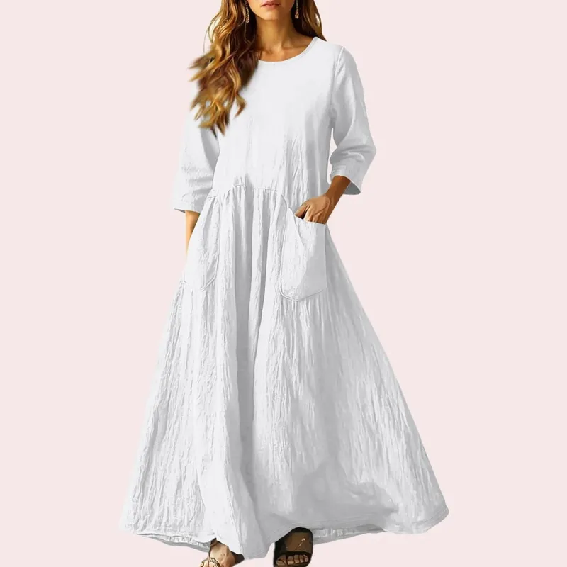 Women's Summer Loose Long Dresses Solid Color Three-quarter Sleeve Double Pocket Dress Loose Round Neck Linen Dress Vestidos — image 16