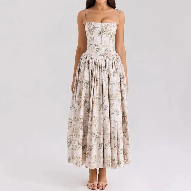 Oligai Floral Print Midi Sundress Elegant Spaghetti Strap Flowy Dress Aussie Summer Women Boho Chic Beach Dress — image 8