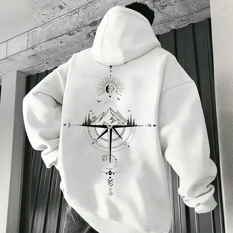 Vintage Compass Print Hoodies for Men High Quality Hooded Long Sleeve Pullover All Season Daily Casual Sports Tops Men's Clothes — image 10