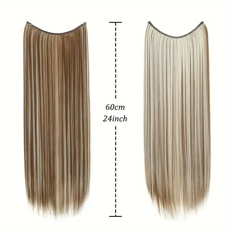 24Inch Synthetic No Clips In Hair Extension Fish Line Invisible Black Blonde One Piece Long Straight Fake Hair Piece for Women