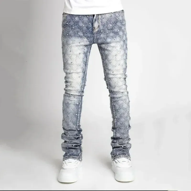Personality Stacked Jeans for Men Slim Fit Stretchy Pearls Denim Laminated Pants for Men Fashion Straight Man's New Jeans — image 5