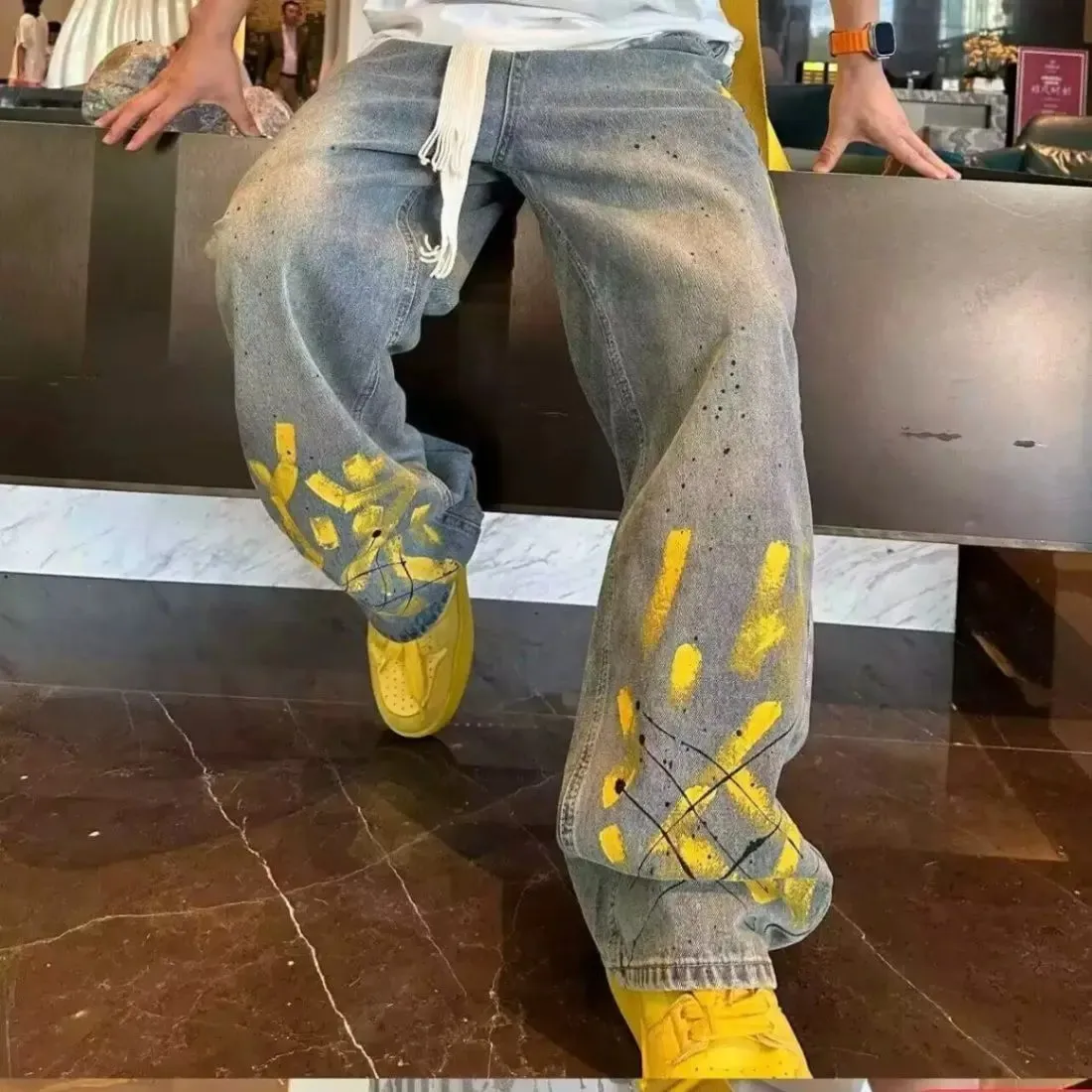 New Washed Jeans for Autumn and Winter Men Hand-painted Inkjet Print Fashionable and Versatile Old Casual Straight Pants — image 5