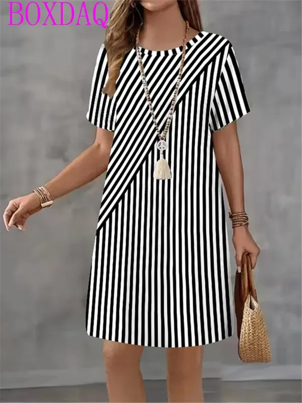 2025 New Women's Dresses Graphic Print Elegant Beautiful Mini Dresses Female Summer Loose Short Sleeve O-Neck Print A-Line Dress