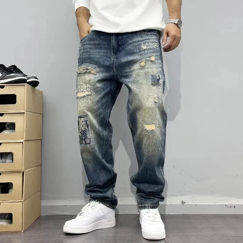 Baggy Jeans Vintage Distressed Patchwork Jeans Men's Straight Loose High Street Hip-hop Long Pants Men's Clothing Jeans for Man — image 3