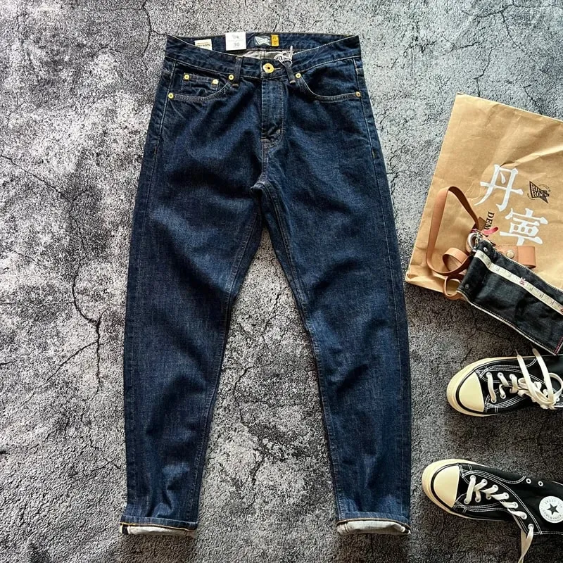 14oz High Quality 100% Cotton One Wash Raw Deep Blue Denim Jeans for Men Red Selvedge Slim Straight Pants Vintage Y2K Youth Male