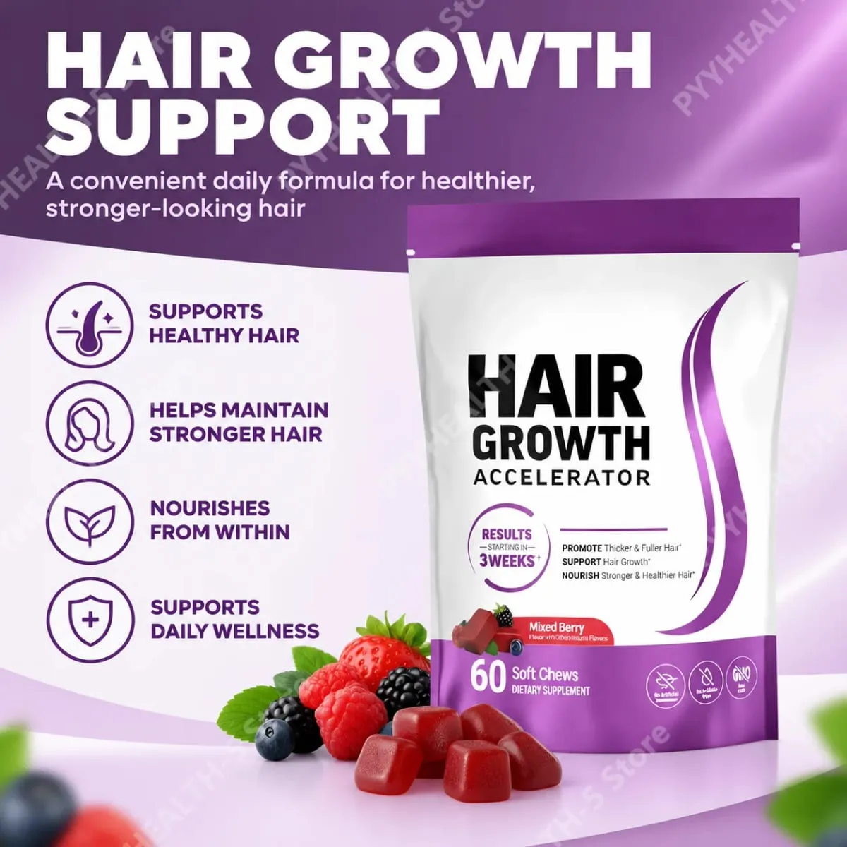 Suplemento de mastigação macia para crescimento capilar de biotina, suporte para cabelos mais grossos, vitamina C e E para nutrição saudável do cabelo 60 goma — image 5