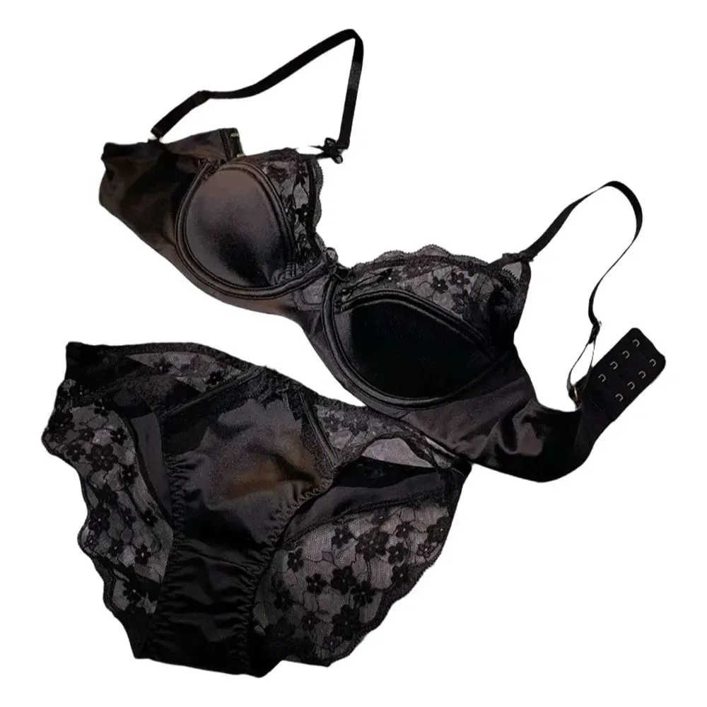 Sexy Lace Floral Bra Set Thin Section Breathable Small Breasts Gathered Collect Side Breasts Glossy Solid Color Underwear Set — image 1