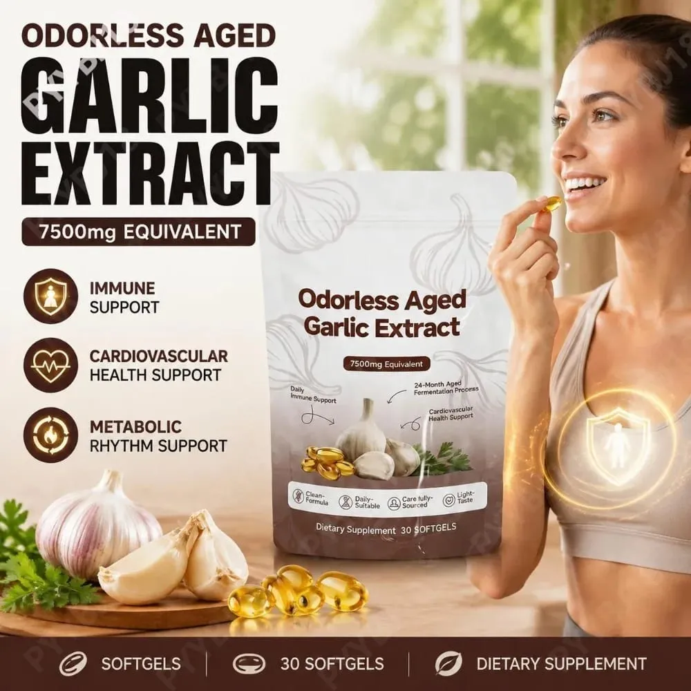 Softgels תמצית שום מיושן ללא ריח 7500 מ"ג 24 חודשים צמחי מרפא מותססים פורמולה בוטנית קרדיווסקולרית תמיכה חיסונית 30 ספירה — image 1