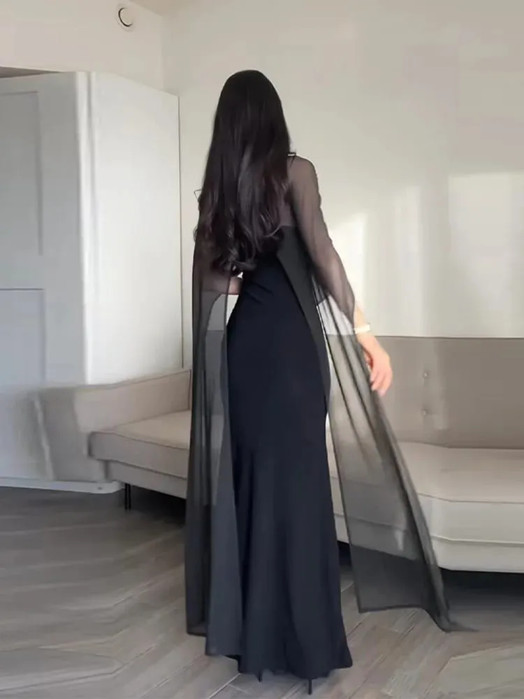 Abiti da sera da donna con mantello trasparente Elegante scollo a V sottile senza maniche Abito con pacchetto anca per donna 2026 Abiti da festa da donna — image 5