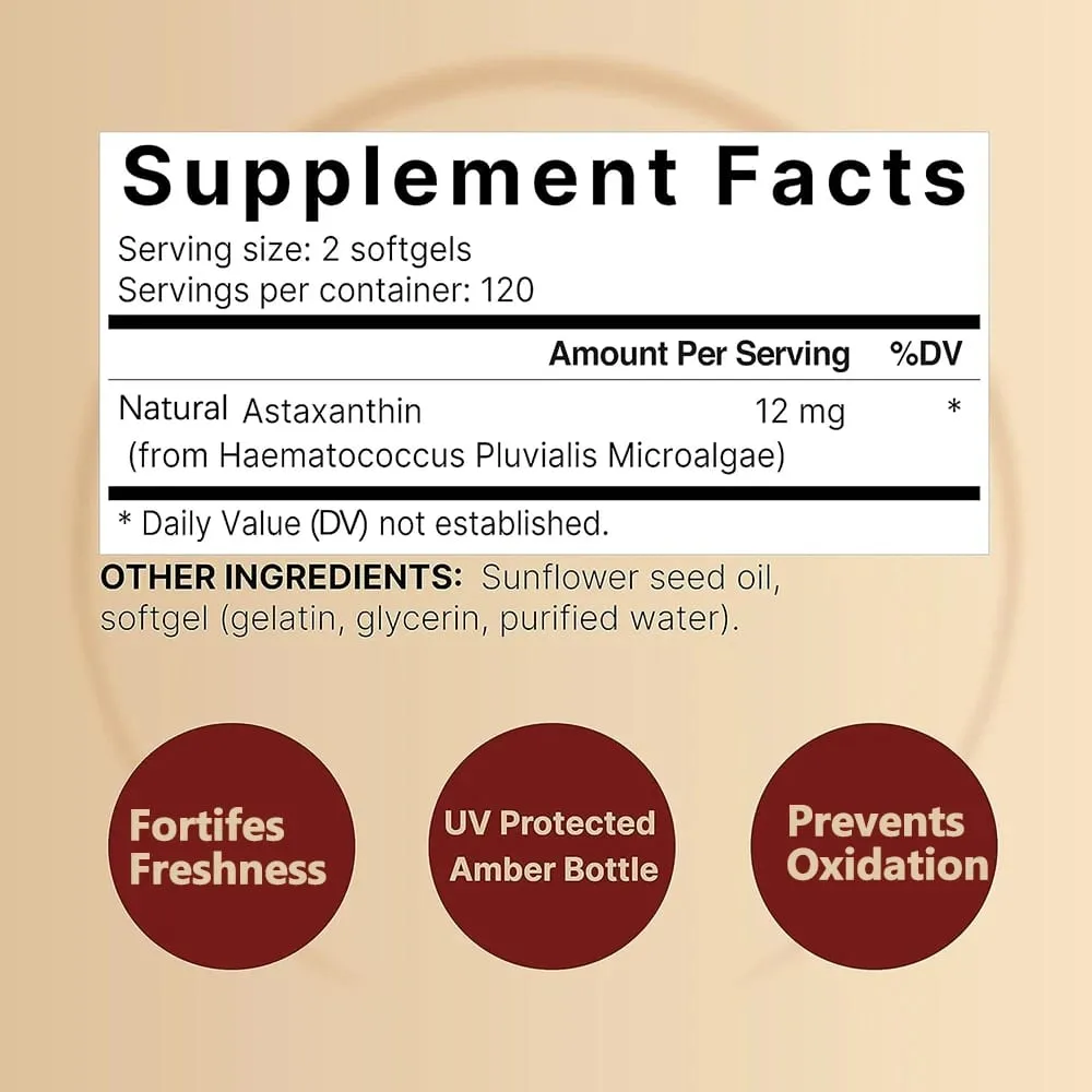 Triple Strength Astaxanthin 12mg - Bổ sung chất chống oxy hóa Astaxanthin tự nhiên Không biến đổi gen đã được xác minh & Không chứa gluten - 120 viên mềm — image 3