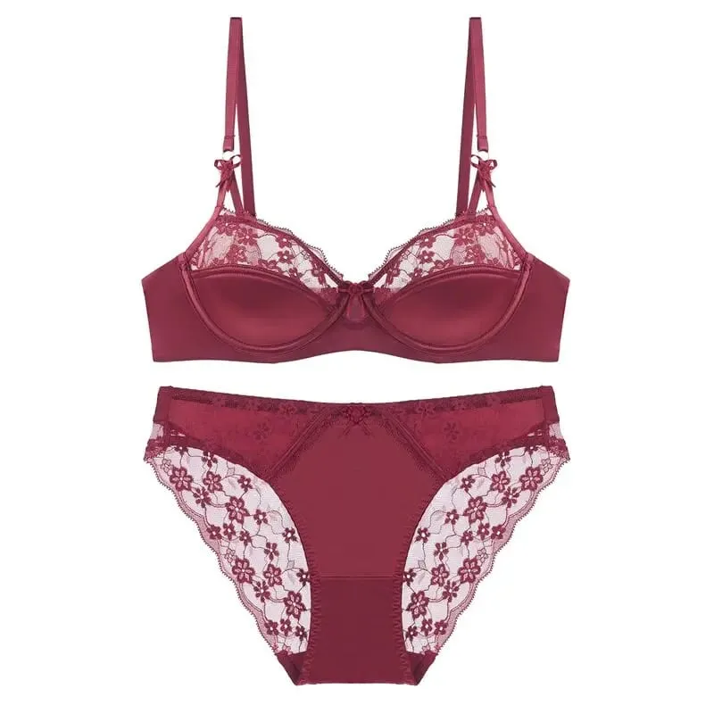 Set reggiseno in pizzo francese sottile a mezza tazza da donna Minimizer per busto grande Push Up Supporto laterale anti-cedimento Comfort Set intimo quotidiano sexy
