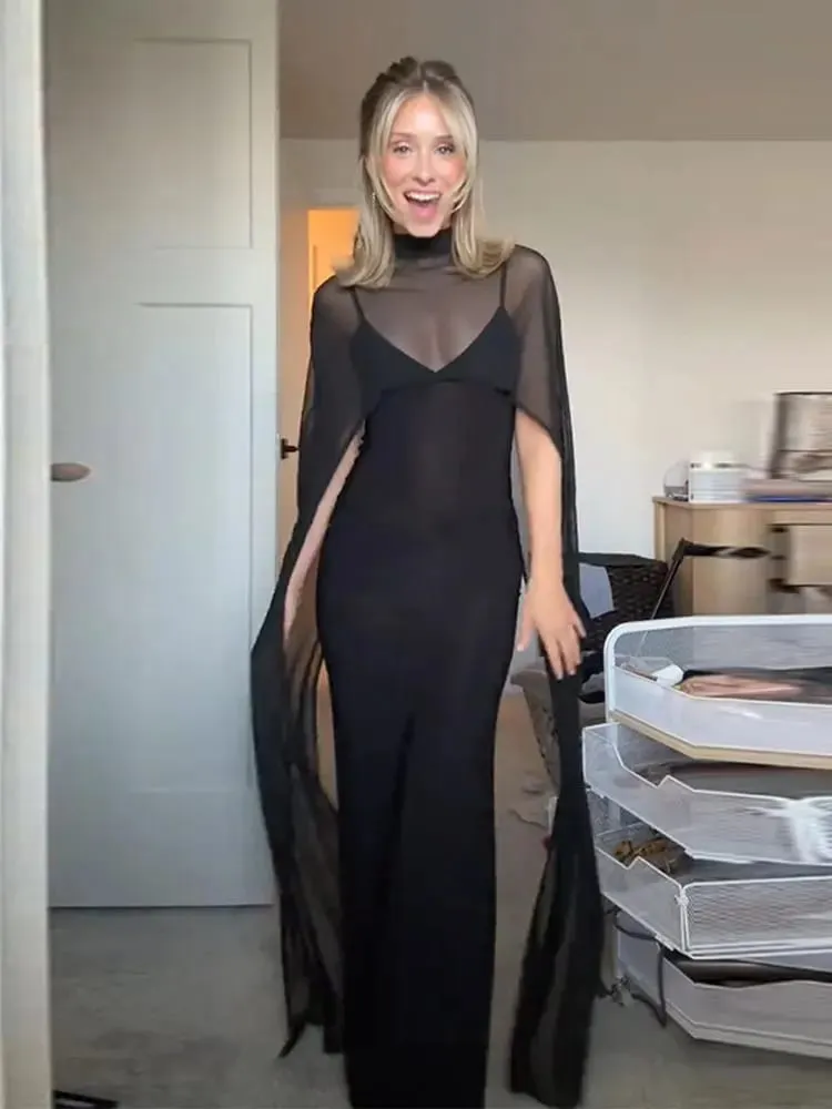 Abiti da sera da donna con mantello trasparente Elegante scollo a V sottile senza maniche Abito con pacchetto anca per donna 2026 Abiti da festa da donna — image 4