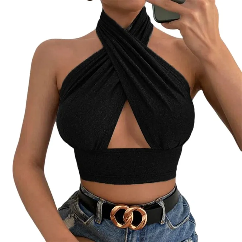 y2k Halter Top Women Summer Clothes Solid Color Sleeveless Backless Vest T Shirt 2000s Aesthetic Clothing Streetwear — image 7