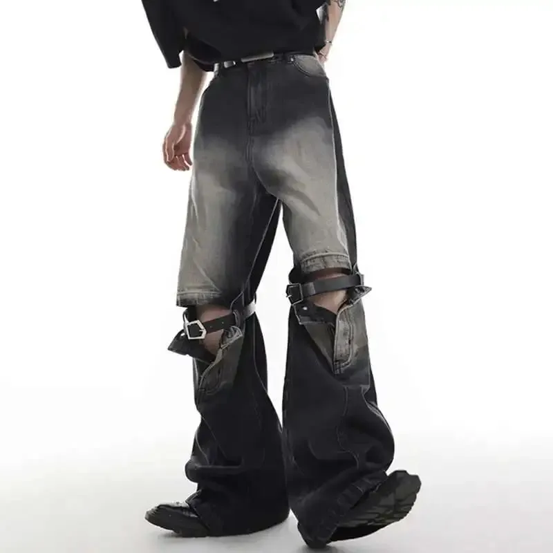 Vintage Men Spliced Micro Flared Jeans American Style High Street Wide Leg Straight Denim Pants Summer New Clothing 9A8932 — image 3