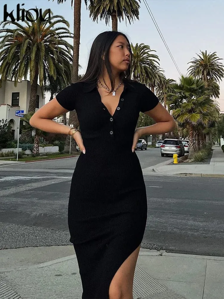 Kliou Elegant Office Lady Maxi Dress Women Solid Fashion Turn-down Collar Short Sleeve Button Side Slit Body-Shaping Street Robe — image 6