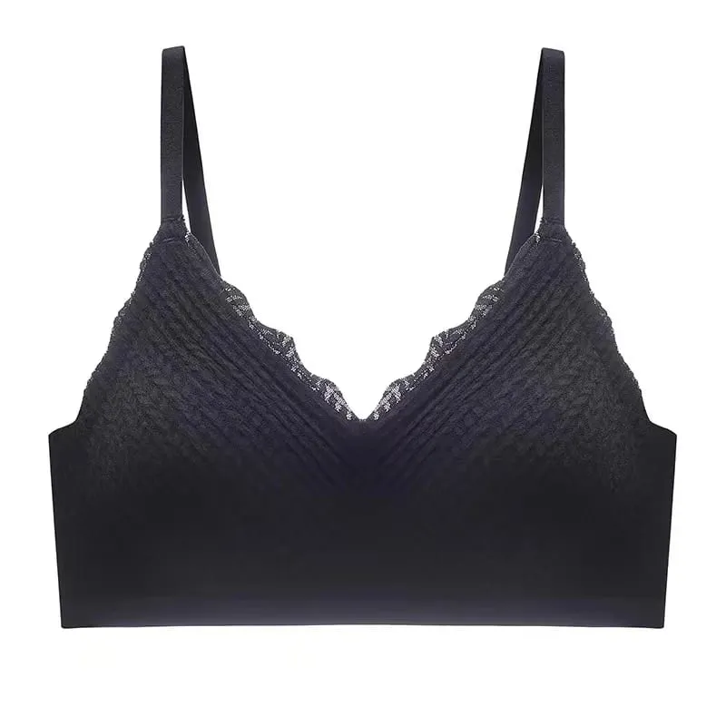 Women Lace Seamless Wireless Bra Thin‑Section Spaghetti Strap Back Non‑Slip Gathered Lingerie For Small Chest