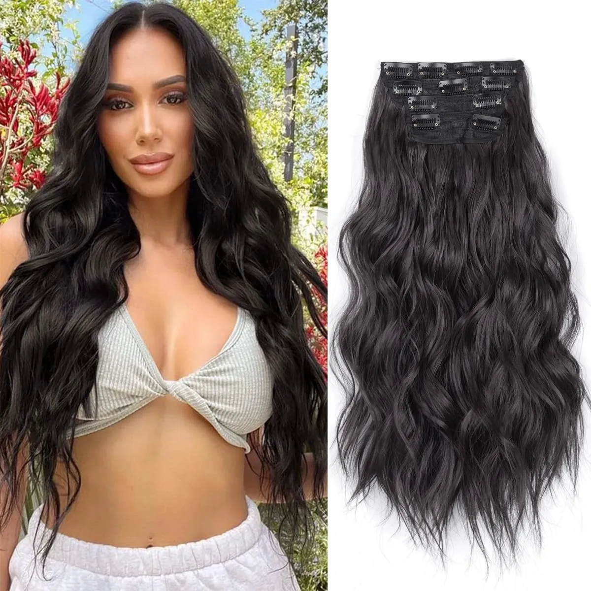 linwan Clip In Hair Extensions 4 PCS Full Head 20 Inch Long Curly Wavy Synthetic Hair Pieces Natural Wavy For Women Girls Hair