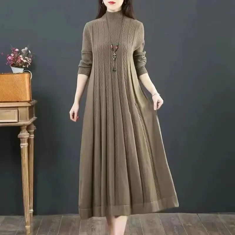 Autumn/Winter Women Knitted Dress 2025 New Solid Loose Pullover Half High Collar Long Knitted Sweater Dress Female High-Quality — image 3