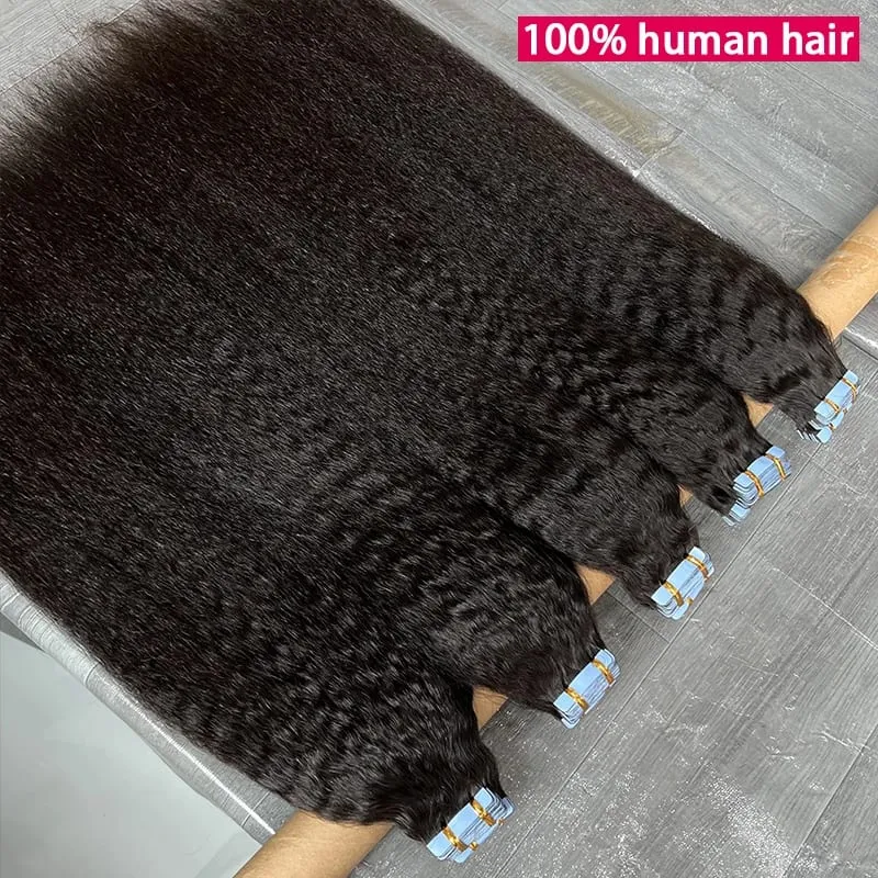 Kinky ตรงเทปที่มองไม่เห็นในส่วนขยายของผม 100% ดิบ Virgin Human Hair กาวไม่มีรอยต่อ PU ผิว Weft Full Head 40 pcs — image 3