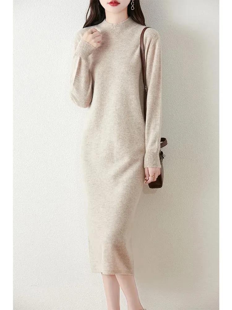 Autumn Winter Women's Wool Long Dress Cashmere Mock Neck Pullover Sweater 100% Merino Wool Soft Knitwear OL Simple Basic Dress — image 5