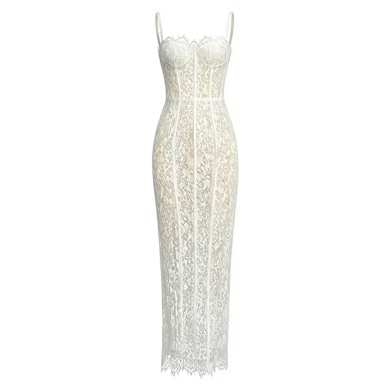 Fashionable Elegant Lace Corset Maxi Dress Vintage Spaghetti Strap Bustier Bodycon Evening Gown for Dinner Party Wedding Guests