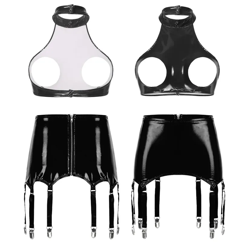 Womens Patent Leather Two-Pieces Porn Lingerie Set Wire-free Open Bust Push-up Bra Top Tank Top with Zipper Garters Mini Skirt