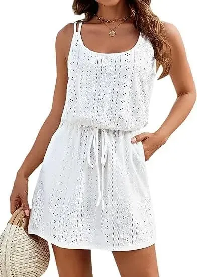 Women Dresses Summer Casual Cross Back Hollow Out Solid Color Swim Cover Up Belt Thin Straps Female Sleeveless Vest Midi Dress