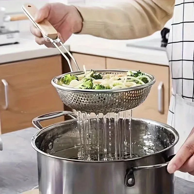 Stainless Steel Colander with Wooden Handle - Fine Mesh Skimmer Spoon for Cooking Food Prep Grease Filtering for Pasta Noodles