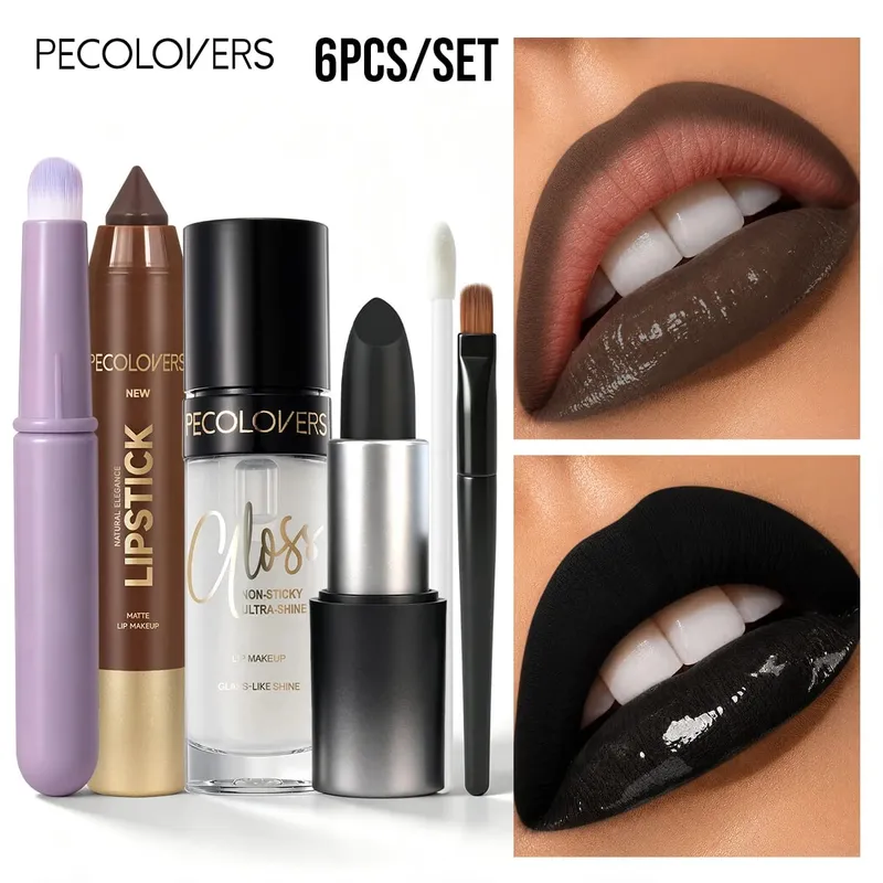 6PCS Lip Makeup Set Black Pigmented Lipstick Lip Liner Pencil Clear Glass-Like Shine Lip Gloss Lip Smudge Round Flat Brushes