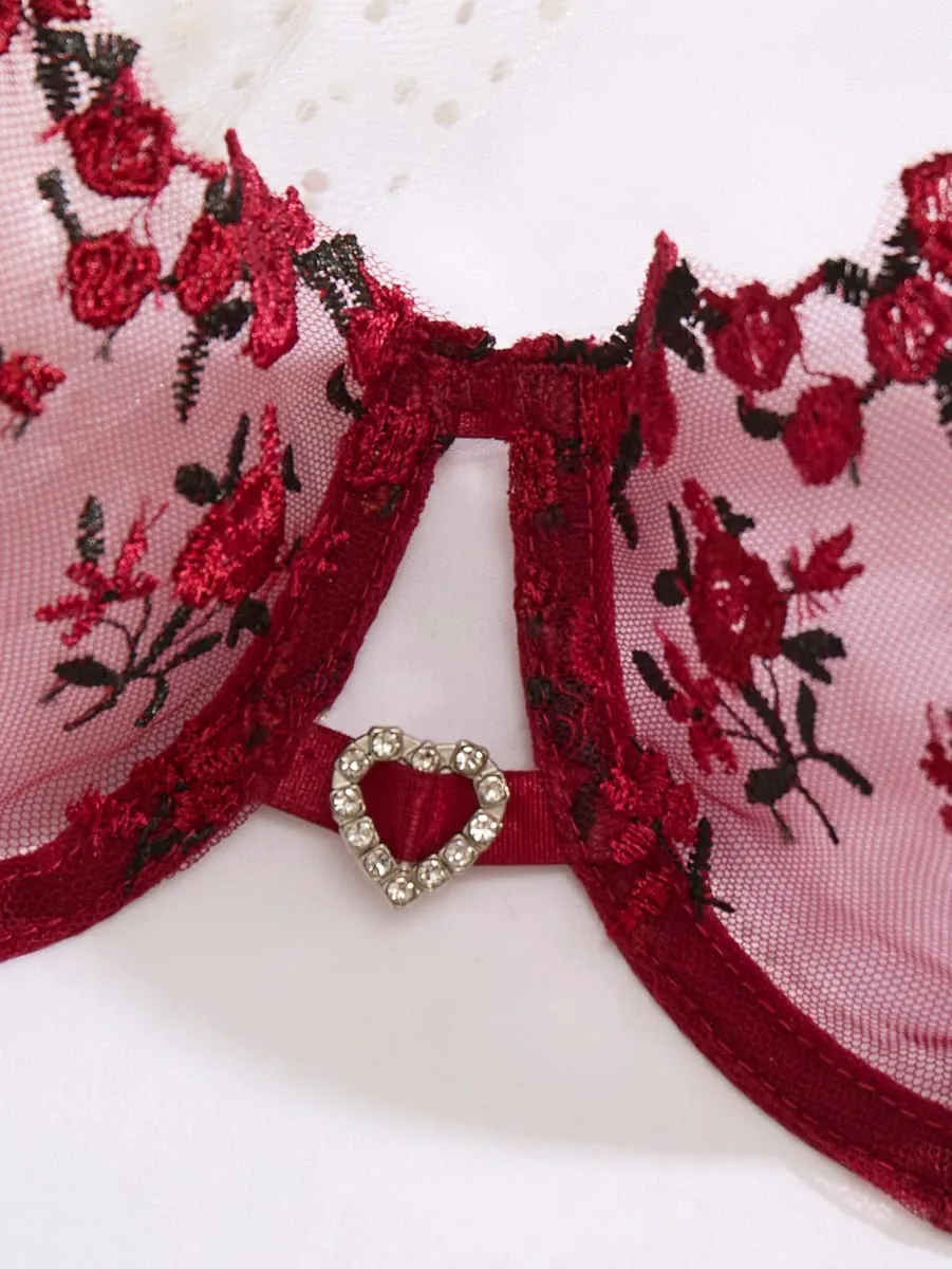 Ladies' Wine Red Heart-Shaped Design Embroidered Semi Transparent Comfortable Breathable Underwear Set Suitable ZA825026 — image 3
