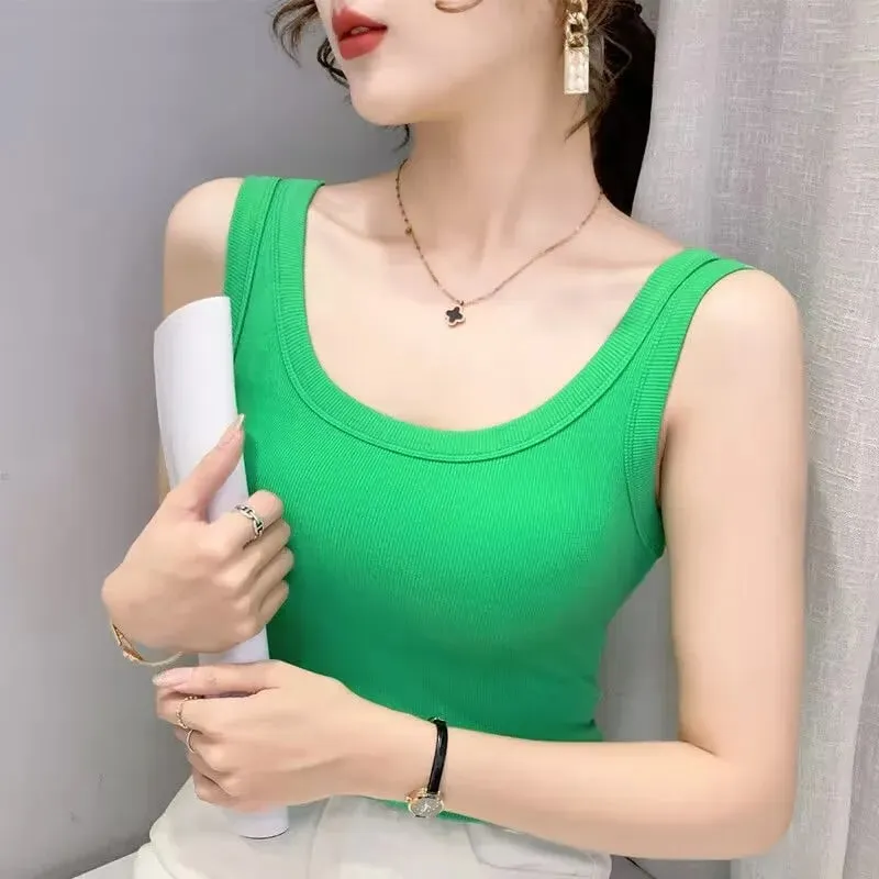 2023 Summer Women Basic Ribbed Knitted Tank Top Solid Color Sleeveless T-shirts Casual Camis Green Blue Elastic Female Tops — image 20
