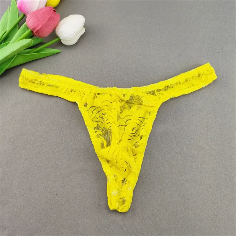 Lace Floral Sexy Men's Underwear Solid Hollow Perspective Thong Comfort Bugle Enhance Sissy G-String Gay Low Rise T-back Panties — image 25