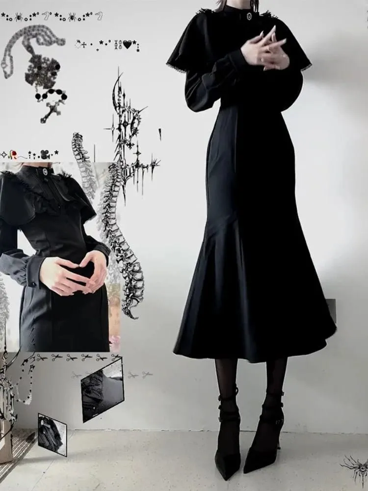 Streetwear Black Vintage Lace Patchwork Dresses Grunge Y2k Aesthetic Pleated Vestidos Gothic Harajuku Woman Bodycon Bow Dress — image 3