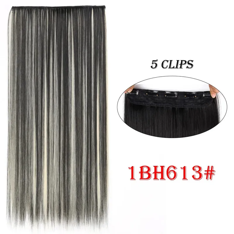 One Piece Clip In Hair Extensions 24" Straight Thick Synthetic Clip In Hairpieces Highlights Black Brown Soft For Women Daily