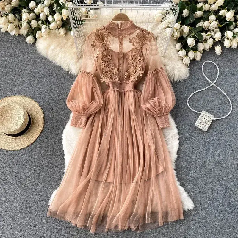 Ladies Dress Three-dimensional Flower Hook Mesh Temperament Stand Collar Lantern Sleeve High Waist Slim Female Dresses — image 8