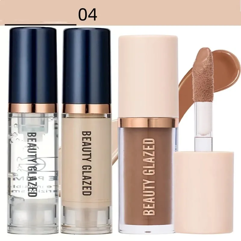 3pcs Face Makeup Set Liquid Foundation+Primer+ Liquid Contour Natural Weightless Long-wearing Smudgeproof Bronzer