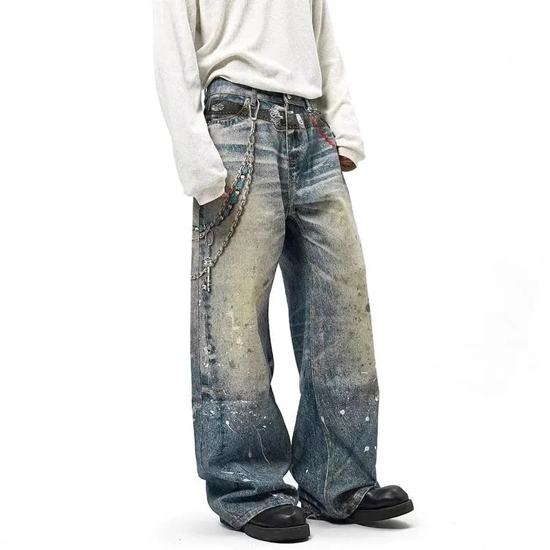 Niche Design Men's Denim Pants Chain Printing Contrast Color Splash-ink Casual Wide Leg Vintage Loose Male Jeans 9W4170 — image 3