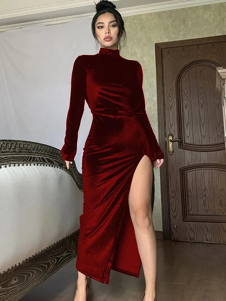 Autumn Winter Women Solid Velvet Long Sleeve Ruched Midi Dress Side Slit Bodycon Sexy Streetwear Party Elegant Club — image 5