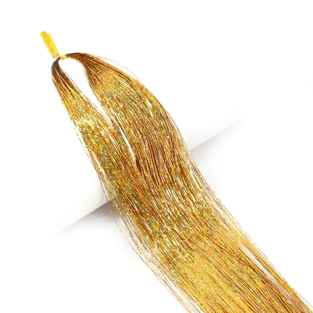 Long Sparkle Shiny Hair Tinsel Rainbow Silk Hair Extensions Dazzles Women Hippie For Braiding Headdress 120Strands/bag — image 10