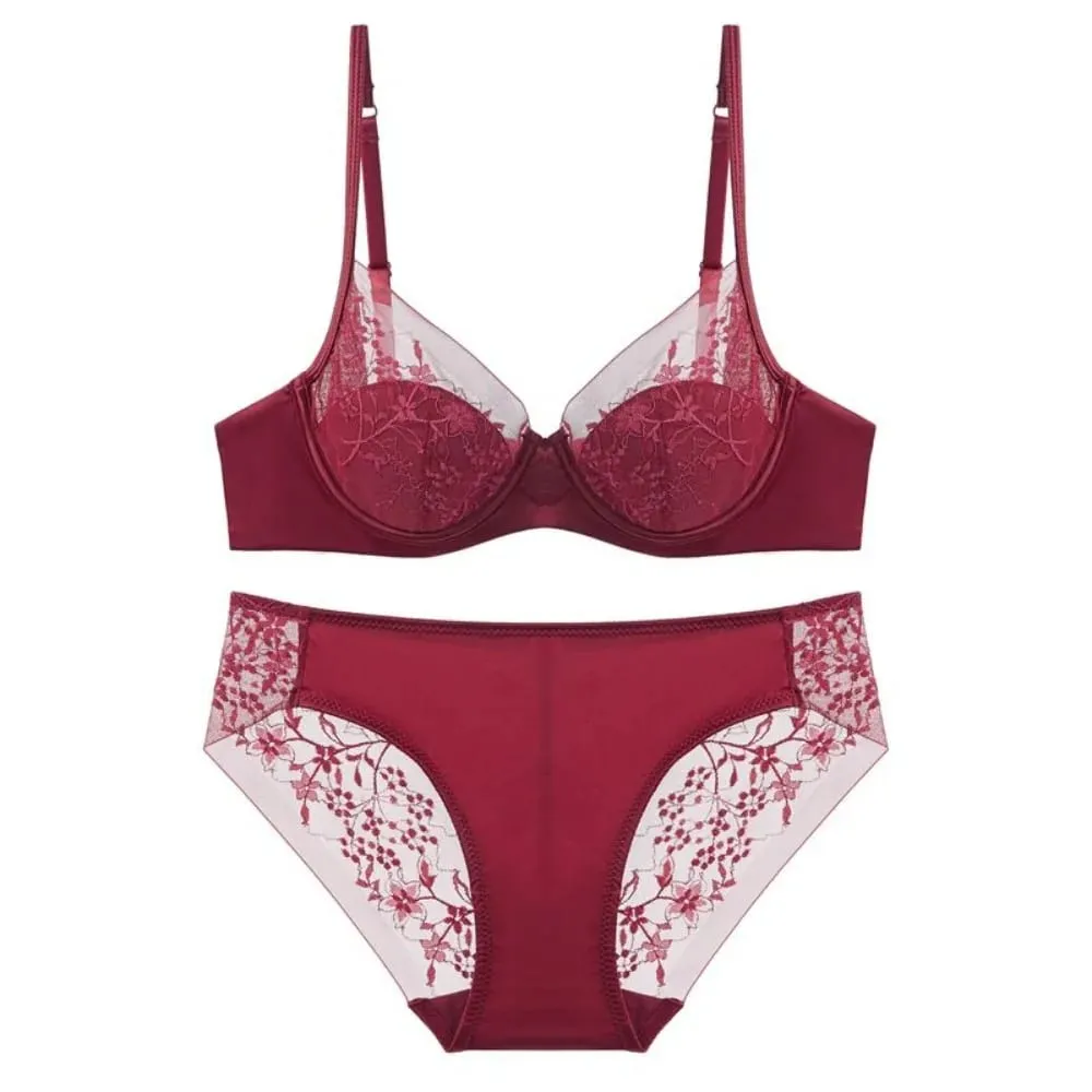 Conjunto de lencería de encaje elegante, sujetador reductor de copa fina, bragas, ropa íntima cómoda y transpirable, traje para busto grande, talla 32-38, ropa interior diaria