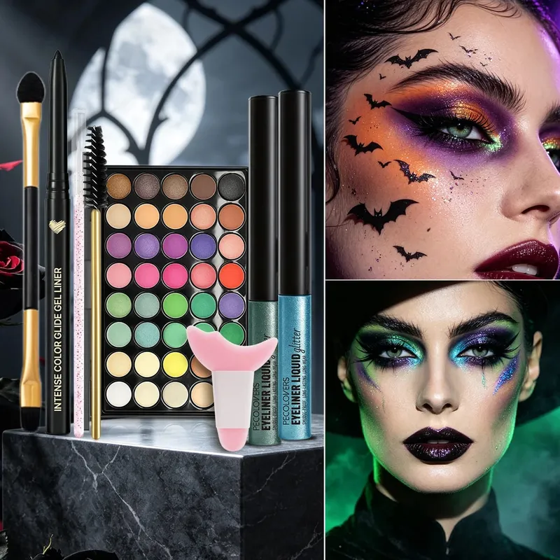 8PCS/SET Halloween Carnival Eye Makeup Bright Color Eyeshadow Palette Sparkle Liquid Eyeliner Eyebrow Pen Eye Brushes