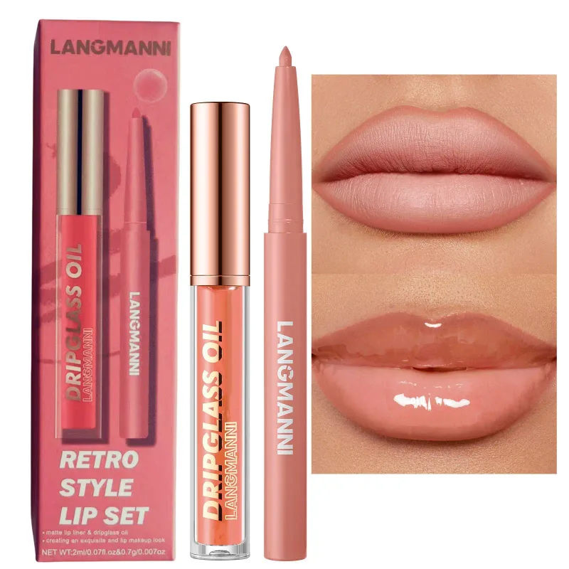 2pcs/box Matte Velvet Lipliner&Mirror Glass Lip Gloss Waterproof Long-Lasting Non-Sticky Purple Brown Liner Lip Combo Makeup Set