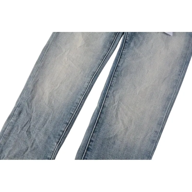 Vaqueros clásicos ajustados y cónicos para hombre, estilo vintage azul claro con lavado degradado, bragueta con botones, estilo High Street