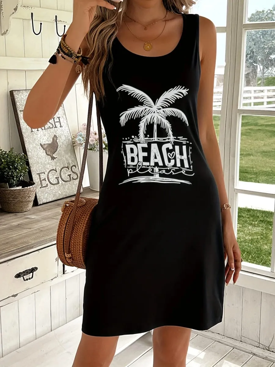 Women's summer loose and comfortable casual palm tree and beach letter printed black sleeveless vest dress punk style dress — image 2