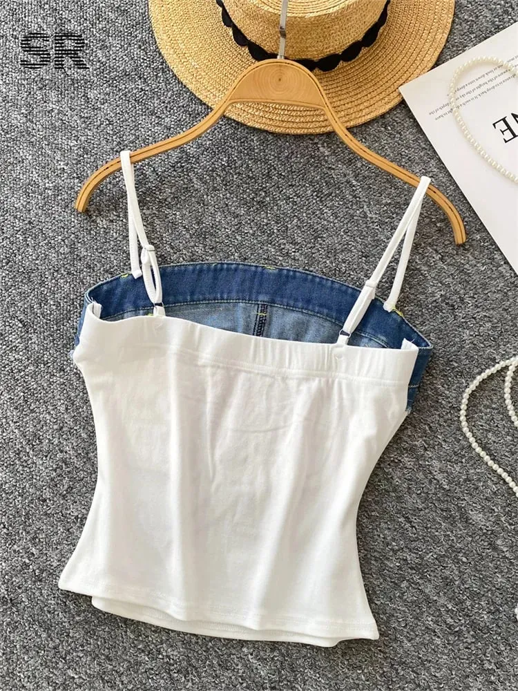 American Retro Y2k Strap Tops Letter Embroidery Denim Patchwork Fashion Design Women Hotsweet Streetwear Slim Crop Top